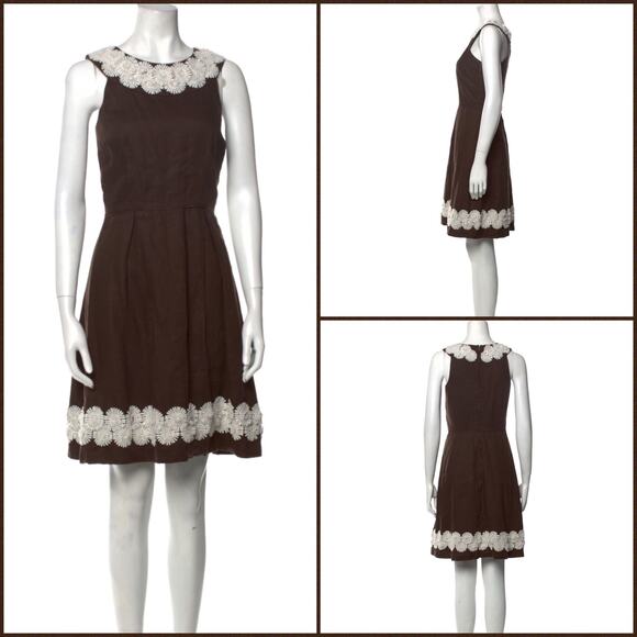 Kate Spade Brown Linen Embroidered Floral Appliqué A Line Dress Women’s Size 4 - Picture 1 of 6